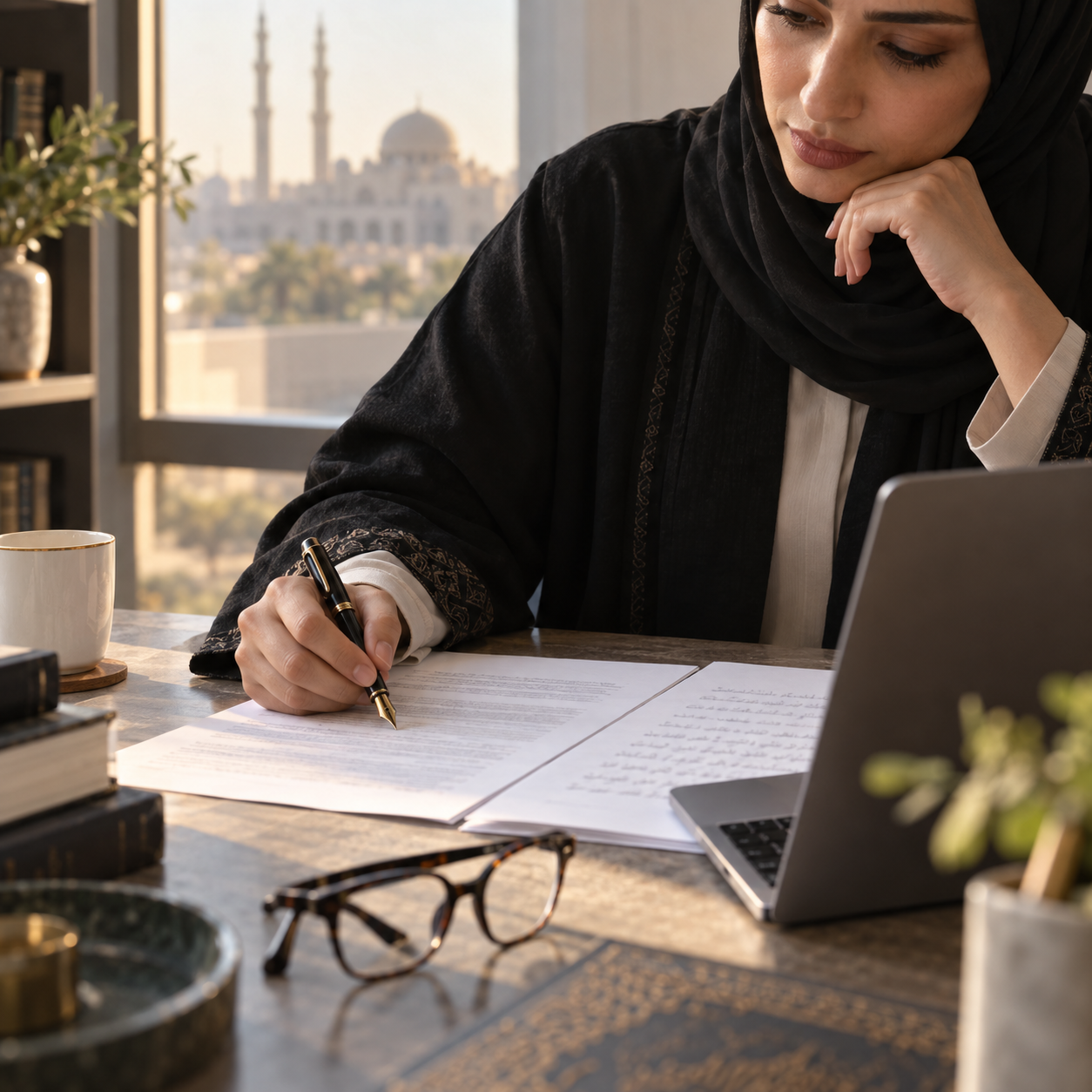 Linguist reviewing documents